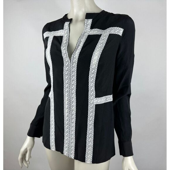 BCBGMaxazria Maggie Washable Silk Lace Blouse Women XXS NWT Long Sleeve BlackTop - Picture 3 of 15